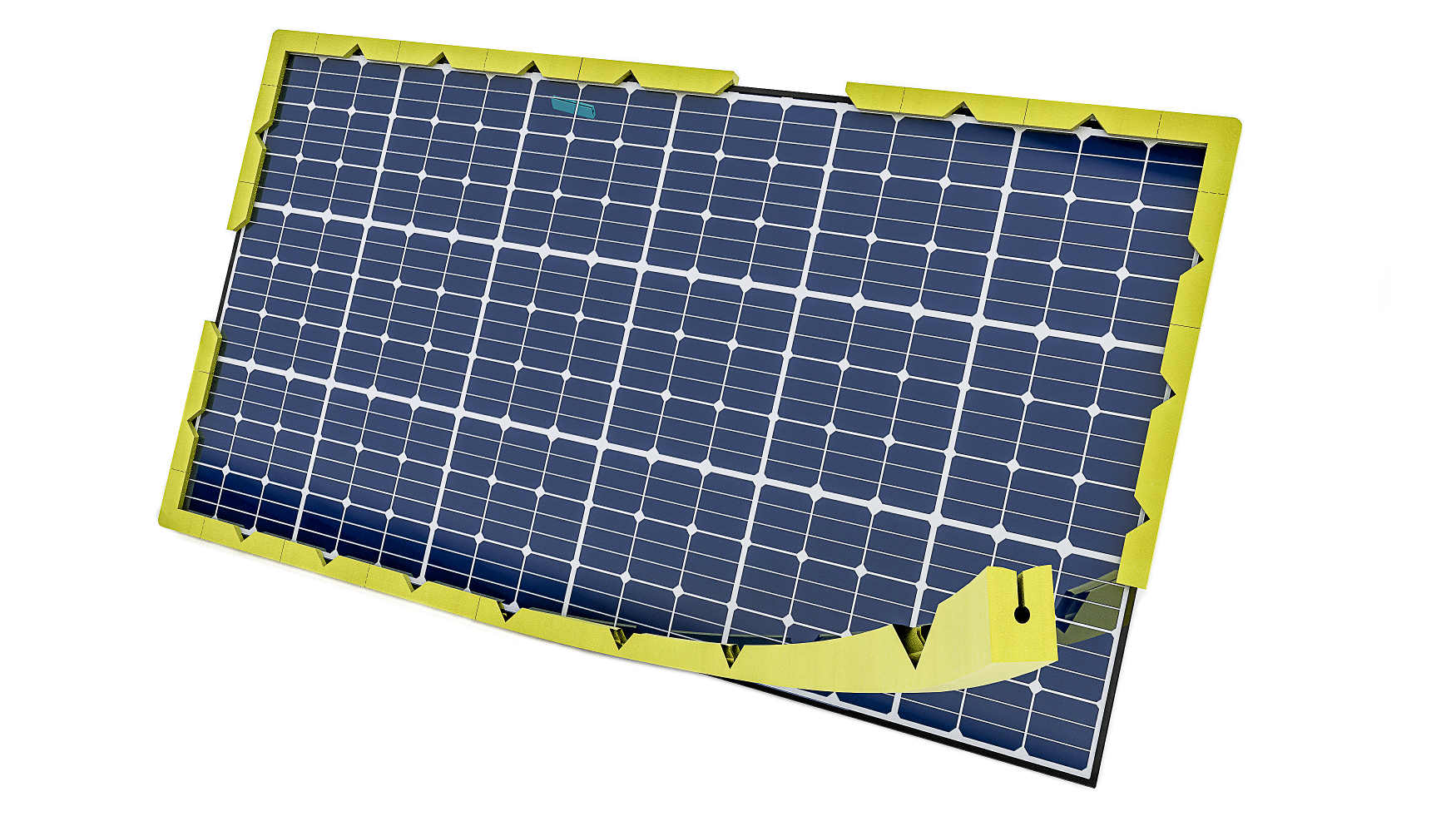 A solar panel is protected by a foam profile at the edges and corners